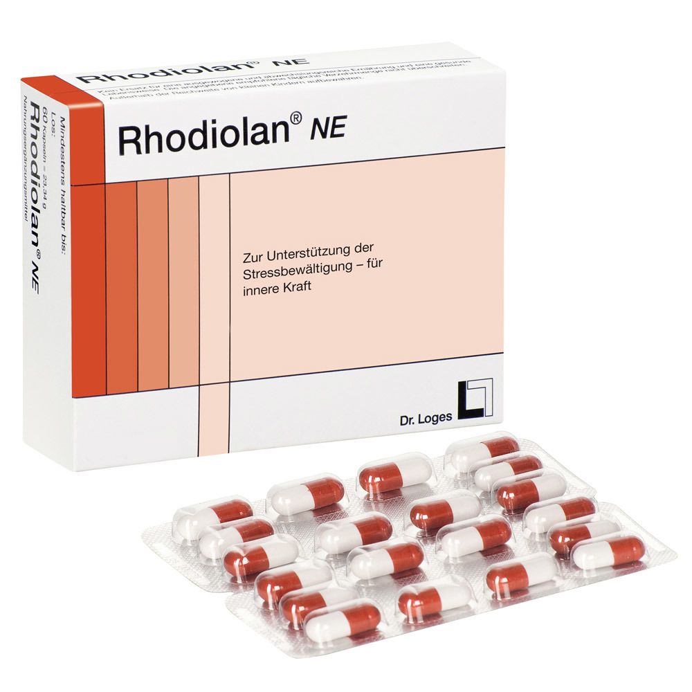 Schachtel und Blisterpackung mit Kapseln. Auf der Schachtel steht "Rhodiolan NE". Kapseln sind rot-weiß. Aufschrift: "Dr. Loges".