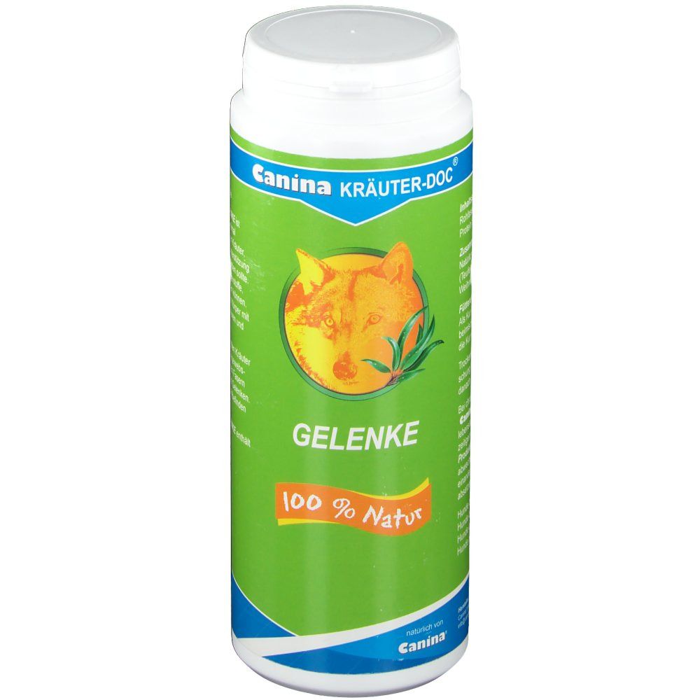 Grüne Dose mit weißem Deckel. Aufschrift: Canina KRÄUTER-DOC Gelenke. Logo: Hundekopf. 100 % Natur.