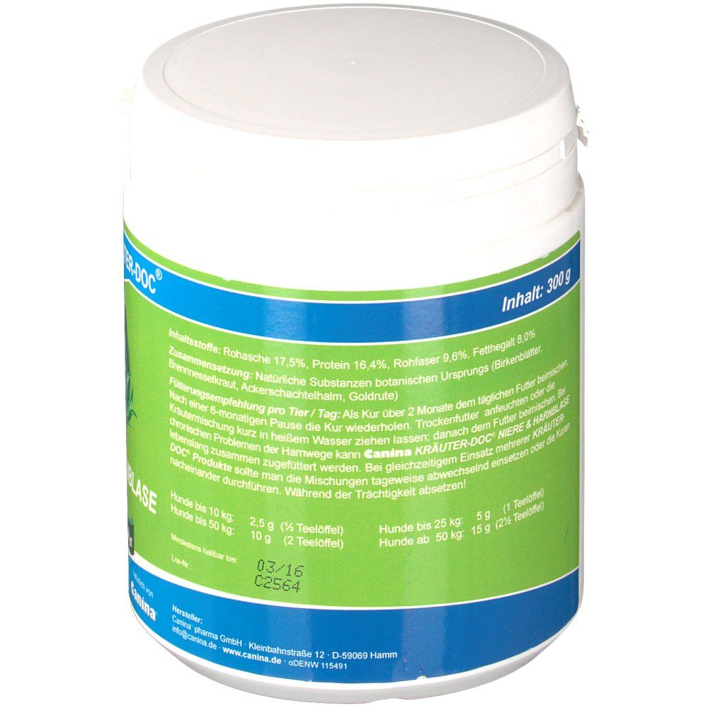 Rückseite des weißen Behälters mit grün-blauem Etikett. Text: Inhaltsstoffe, Fütterungsempfehlung, Inhalt: 300 g. MHD: 03/16.