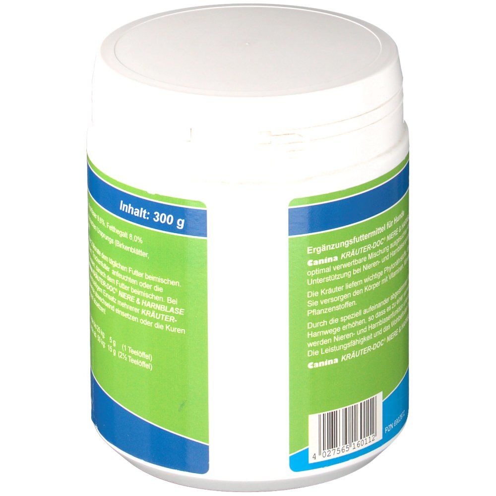 Rückseite des weißen Behälters mit grün-blauem Etikett. Text: Ergänzungsfuttermittel für Hunde. Inhalt: 300 g. Barcode.