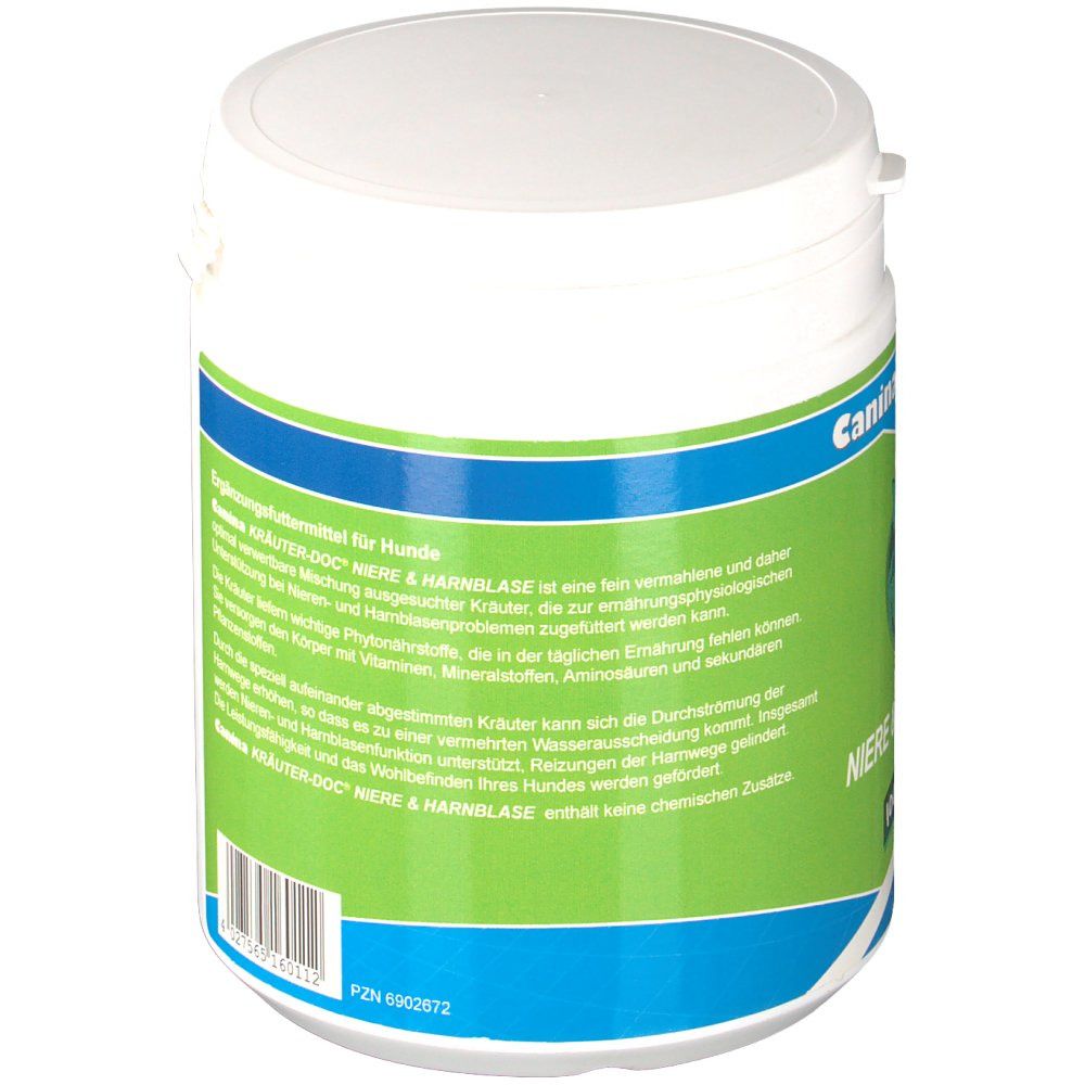 Rückseite des weißen Behälters mit grün-blauem Etikett. Text: Ergänzungsfuttermittel für Hunde. Text über Kräuter. Barcode.