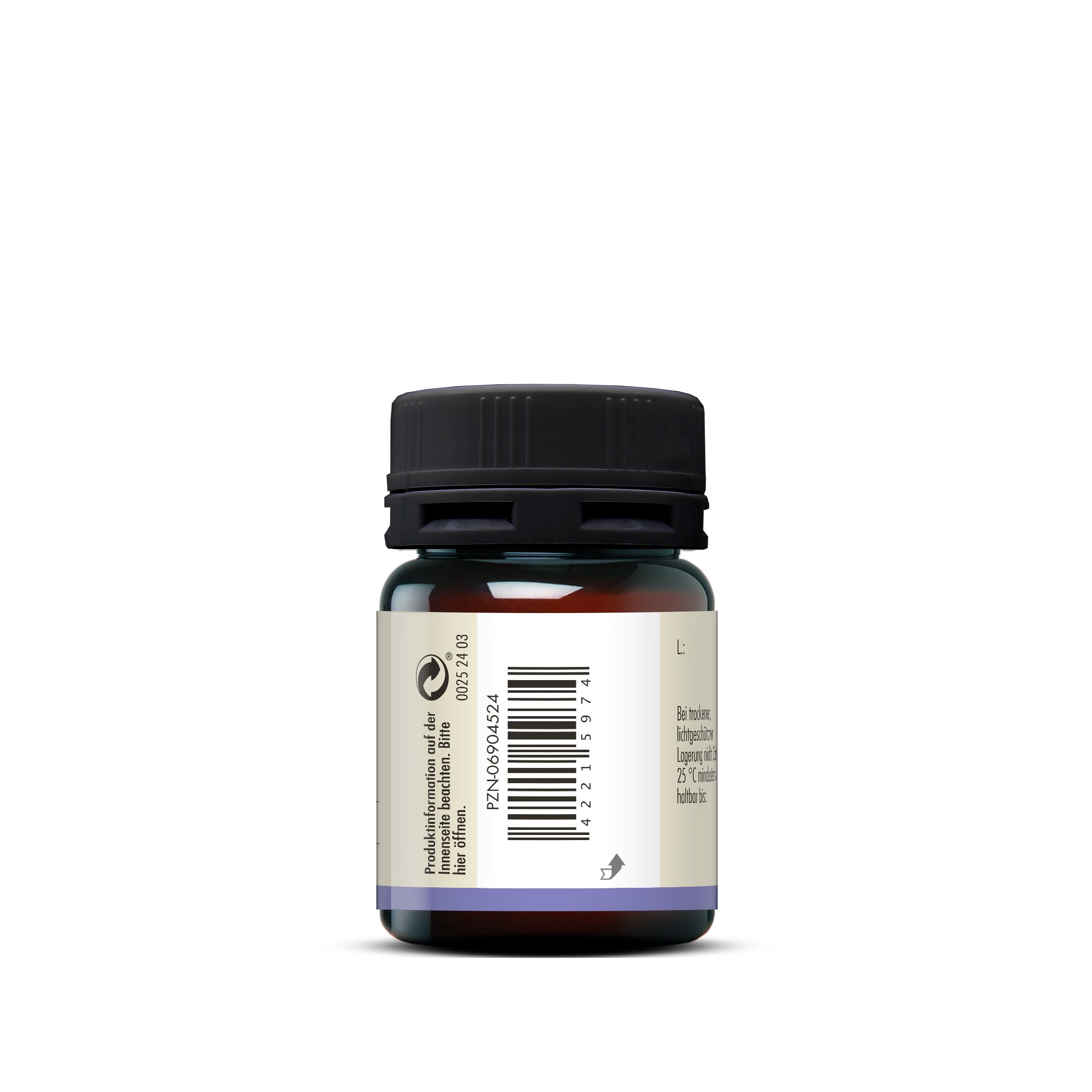 Rückseite der braunen Glasflasche. Etikett mit Barcode und weiteren Informationen.