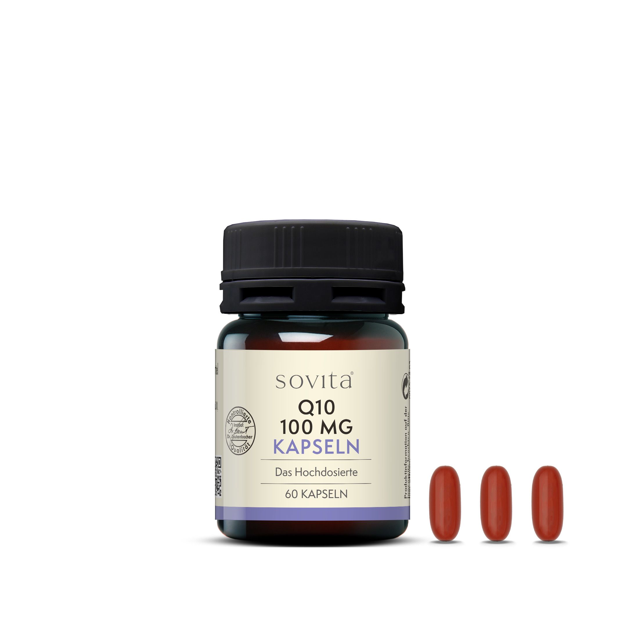 Braune Glasflasche mit schwarzem Deckel und drei roten Kapseln daneben.