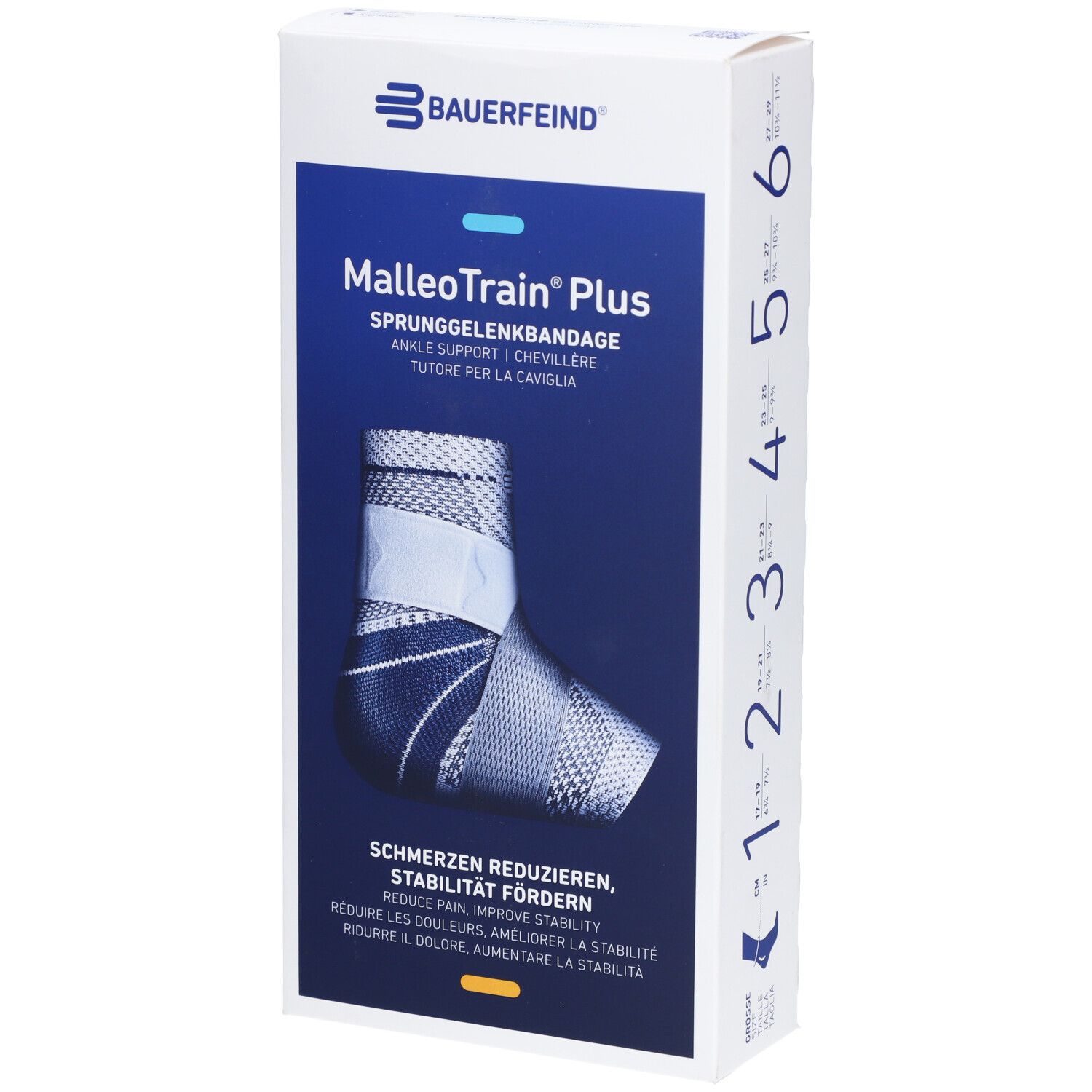 Verpackung mit MalleoTrain Plus Sprunggelenkbandage. Produktabbildung, Größenangaben und Markenlogo.