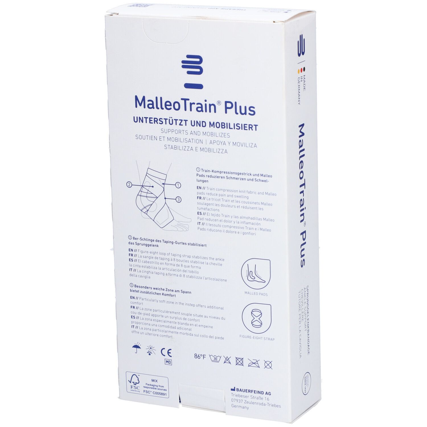 Rückseite der Verpackung. MalleoTrain Plus. Produktinformationen, Piktogramme und Zertifizierungen.