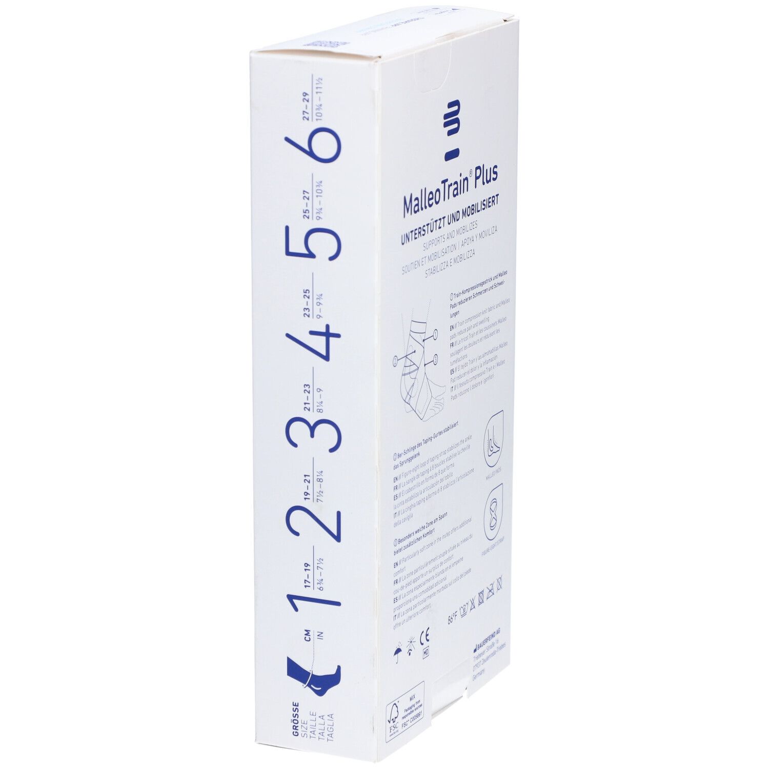 Verpackung, MalleoTrain Plus. Größenangaben und Größenbereich. Produktname und Logo.