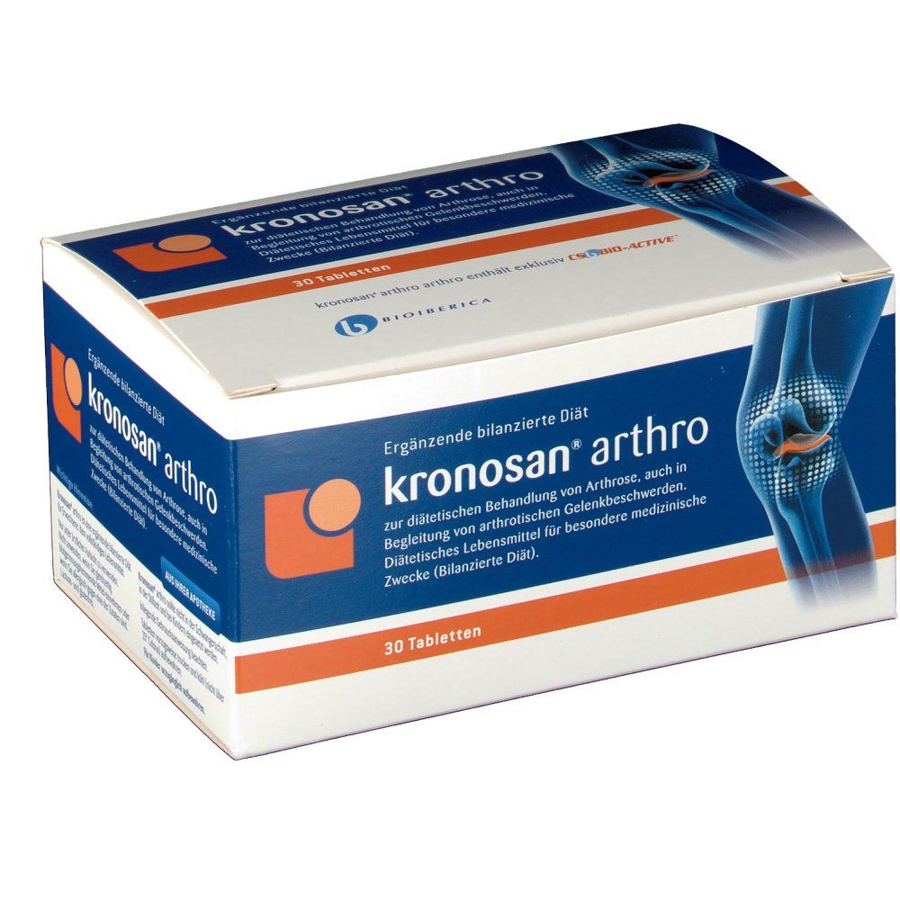 Schachtel mit "Kronosan arthro" Tabletten. Blaue und orangefarbene Verpackung mit Produktnamen und 30 Tabletten-Angabe. Illustration eines Knies.
