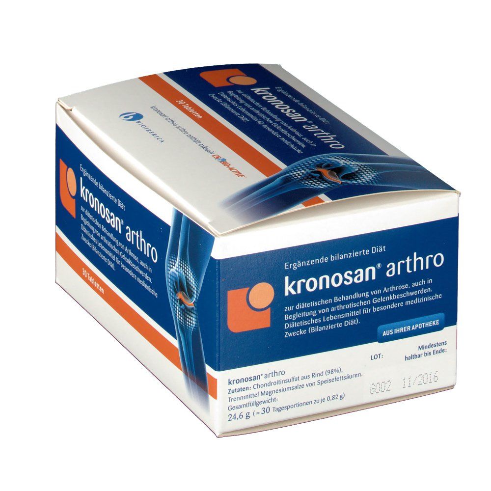 Schachtel "Kronosan arthro" mit Produktinformationen. Blaue und orangefarbene Verpackung. Enthält 30 Tabletten. Aufdruck "Aus Ihrer Apotheke" und Mindesthaltbarkeitsdatum.