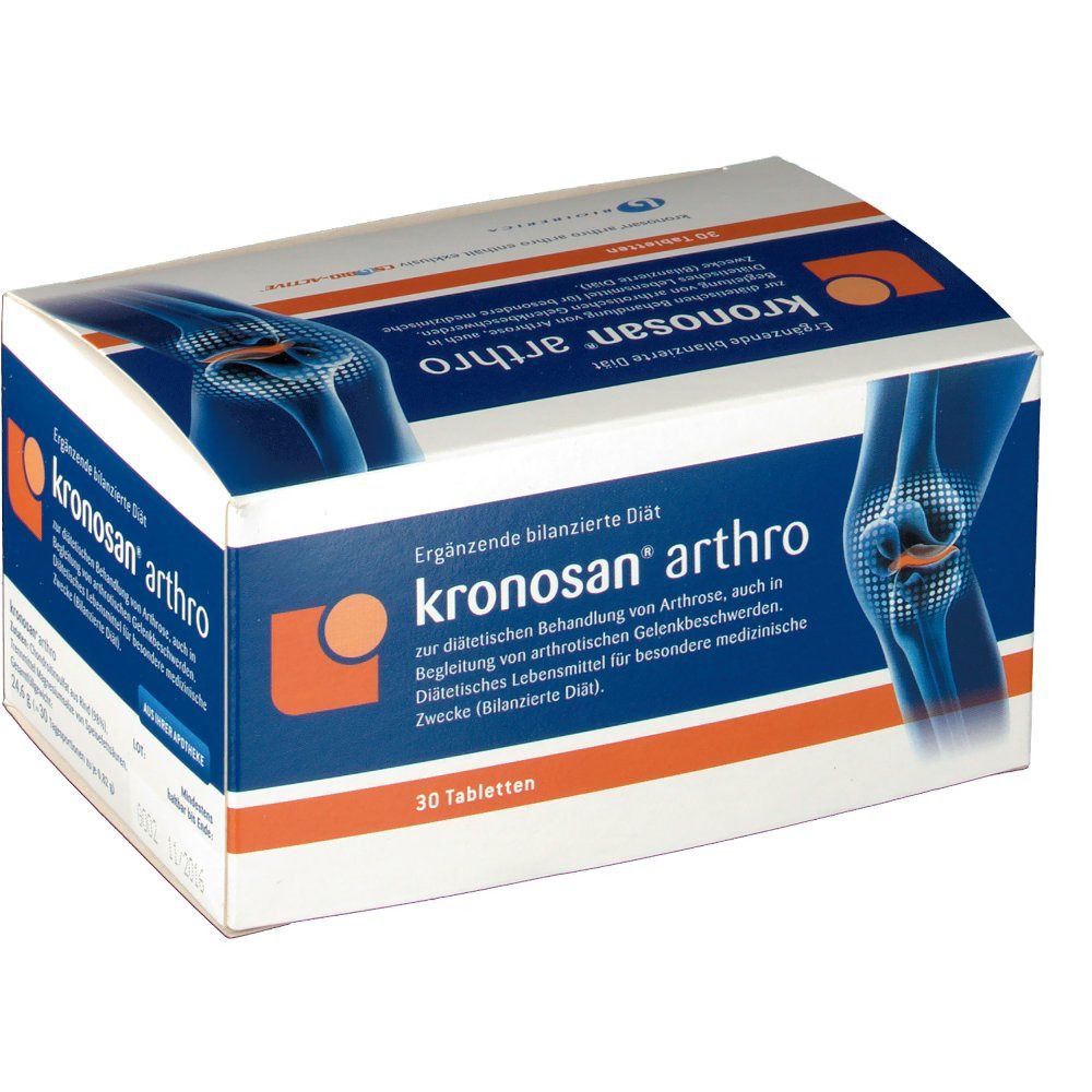 Schachtel "Kronosan arthro" mit Produktinformationen. Blaue und orangefarbene Verpackung. Enthält 30 Tabletten. Illustration eines Knies.