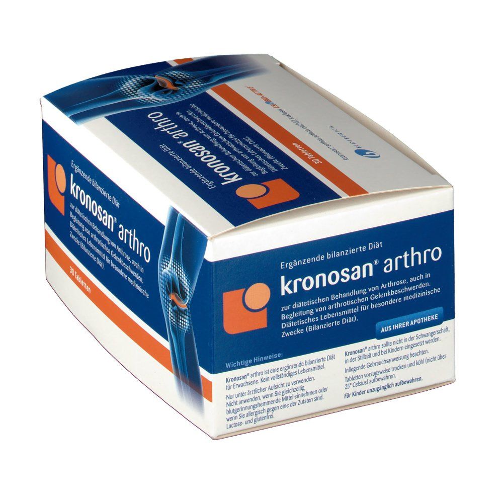 Schachtel "Kronosan arthro" mit Produktinformationen. Blaue und orangefarbene Verpackung. Enthält 30 Tabletten. Aufdruck "Aus Ihrer Apotheke".