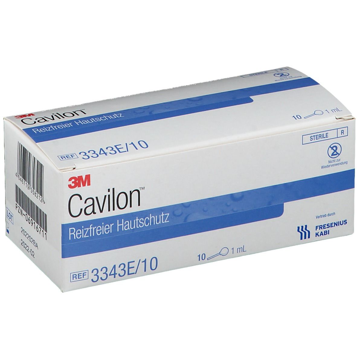 Karton mit Cavilon Reizfreier Hautschutz. 3M-Logo und Produktbezeichnung. REF 3343E/10. 10 x 1 ml. Steril.