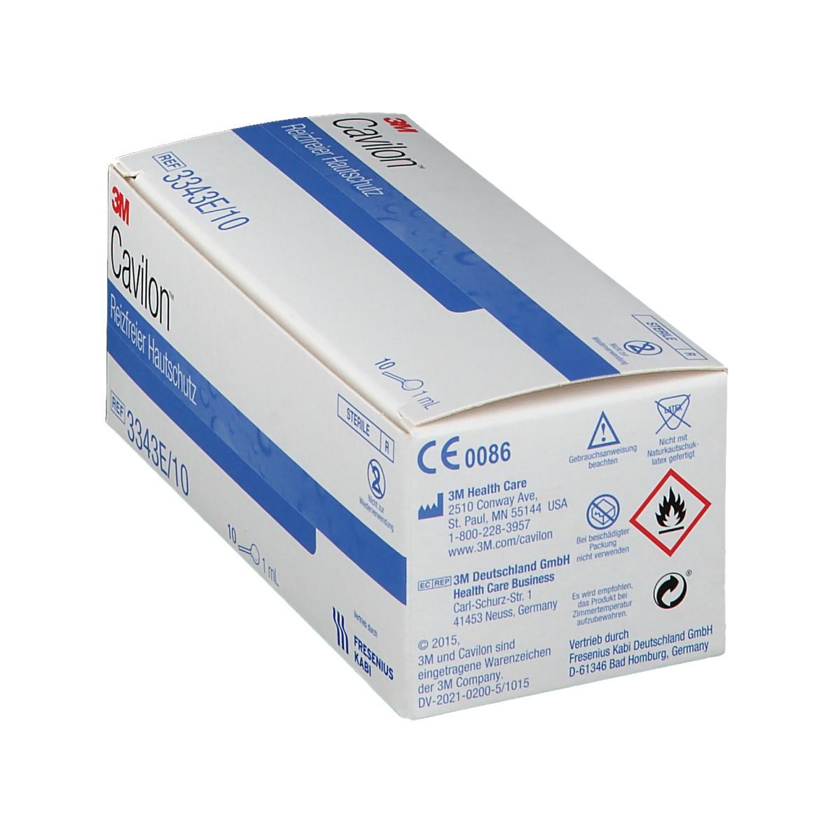 Karton mit Cavilon Reizfreier Hautschutz. 3M-Logo und Produktbezeichnung. REF 3343E/10. CE-Kennzeichnung. Warnsymbole.