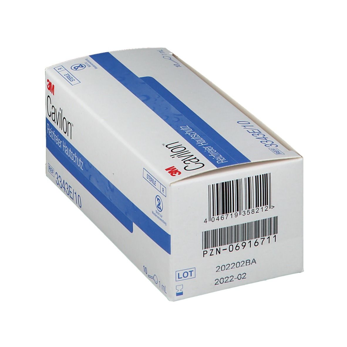 Karton mit Cavilon Reizfreier Hautschutz. 3M-Logo und Produktbezeichnung. REF 3343E/10. Barcode und Chargennummer.