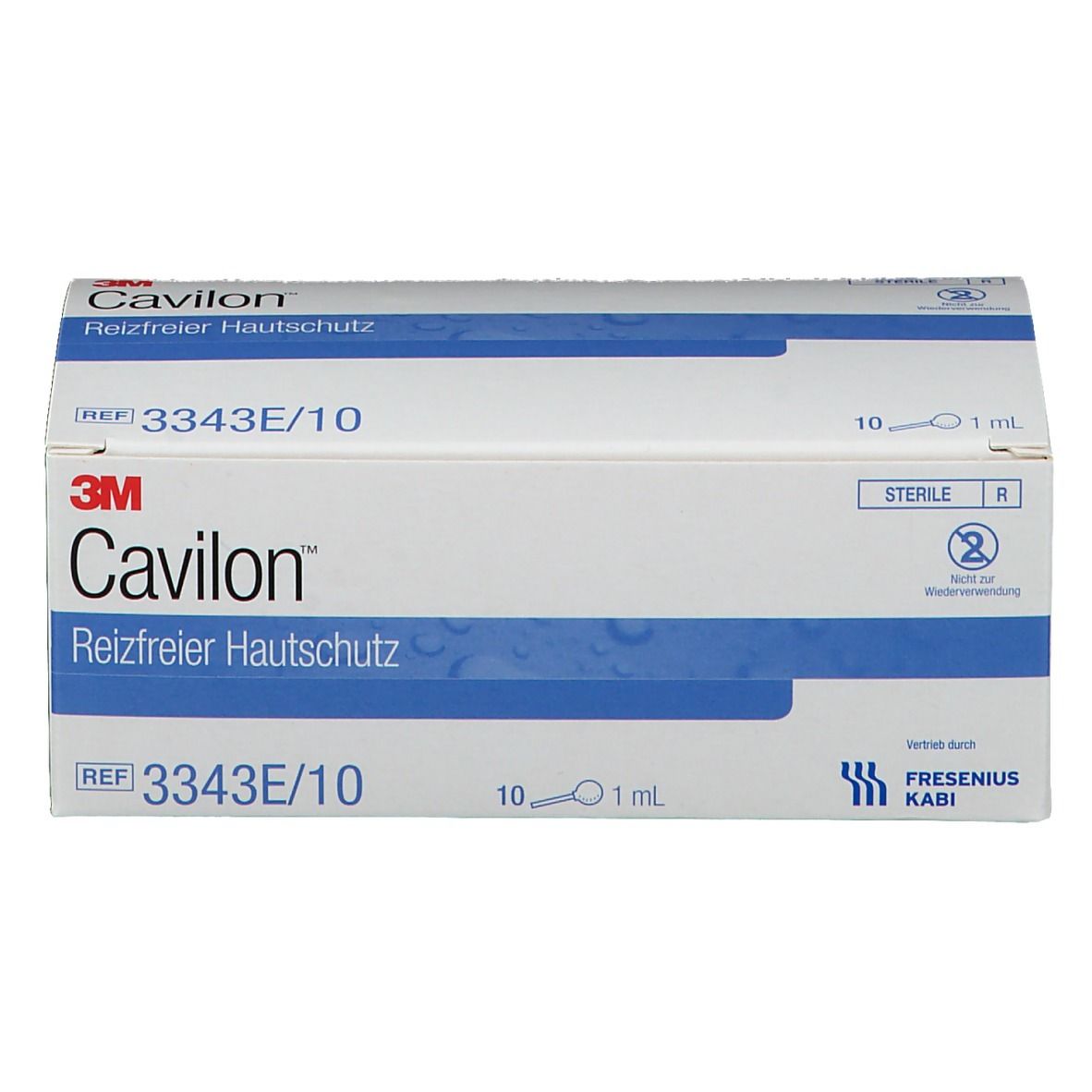Karton mit Cavilon Reizfreier Hautschutz. 3M-Logo und Produktbezeichnung. REF 3343E/10. 10 x 1 ml. Steril.