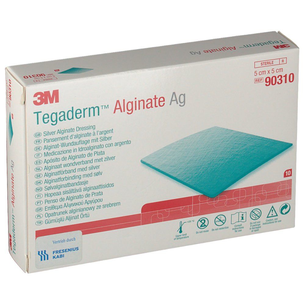 Verpackung von Tegaderm Alginate Ag, 5 x 5 cm. Enthält 10 sterile Wundauflagen. Produktinformationen und Logos sind auf der Verpackung sichtbar.