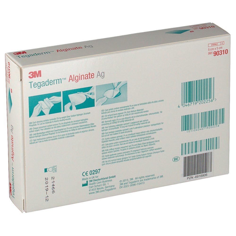 Rückseite der Tegaderm Alginate Ag Verpackung. Zeigt Produktinformationen, Barcodes, CE-Kennzeichnung und Logos. Enthält Illustrationen.