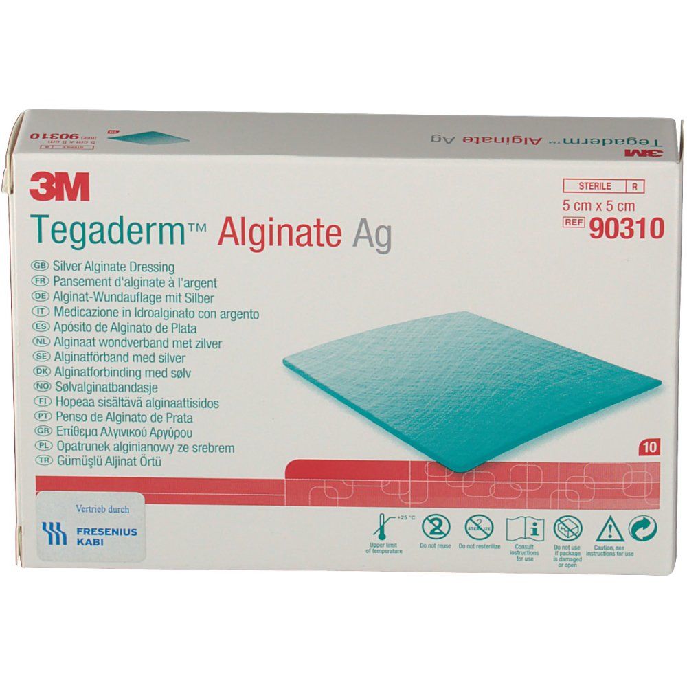 Verpackung von Tegaderm Alginate Ag, 5 x 5 cm. Enthält 10 sterile Wundauflagen. Produktinformationen und Logos sind auf der Verpackung sichtbar.