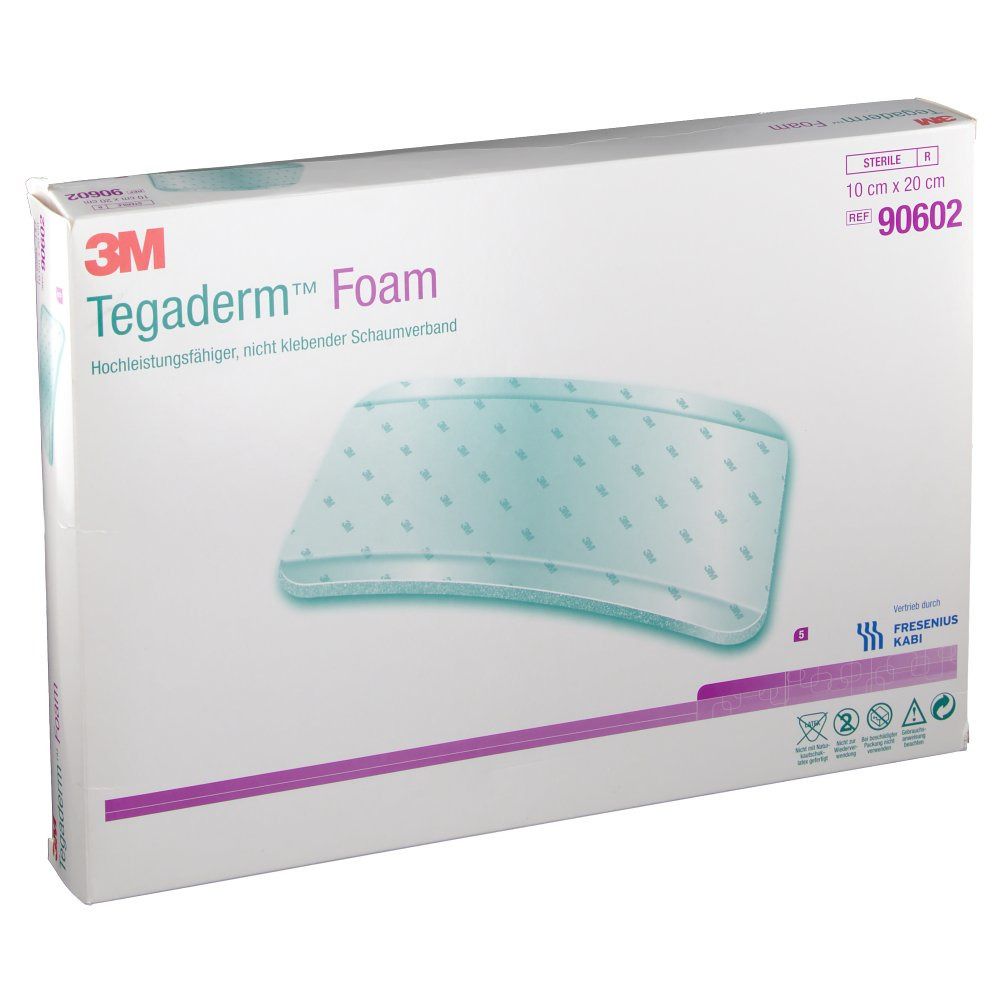 Verpackung von Tegaderm Foam. Aufdrucke: 3M, Tegaderm Foam, 10 x 20 cm, 90602. Produktabbildung und Logos.