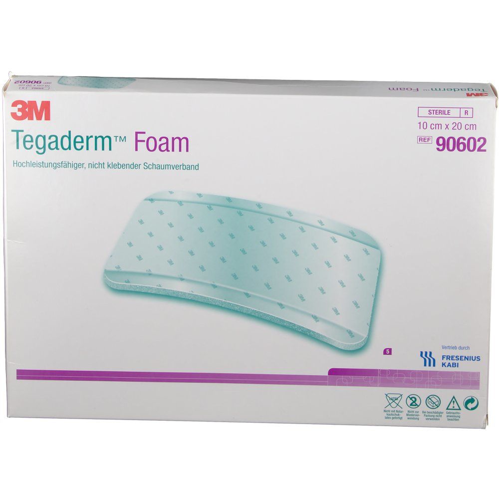 Verpackung von Tegaderm Foam. Aufdrucke: 3M, Tegaderm Foam, 10 x 20 cm, 90602. Produktabbildung und Logos.