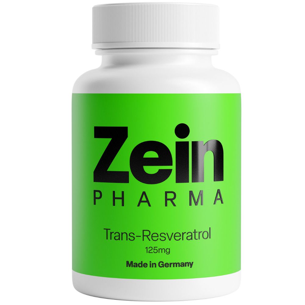 Weiße Flasche mit grünem Etikett. Zein Pharma Logo, "Trans-Resveratrol 125mg" und "Made in Germany" sind sichtbar.
