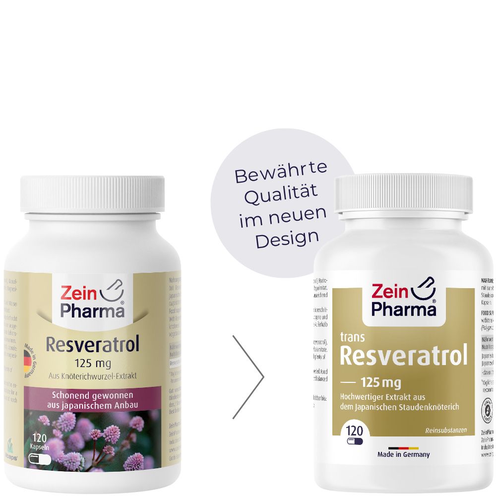 Zwei Flaschen Resveratrol. Links altes Design, rechts neues Design. Text: "Bewährte Qualität im neuen Design".