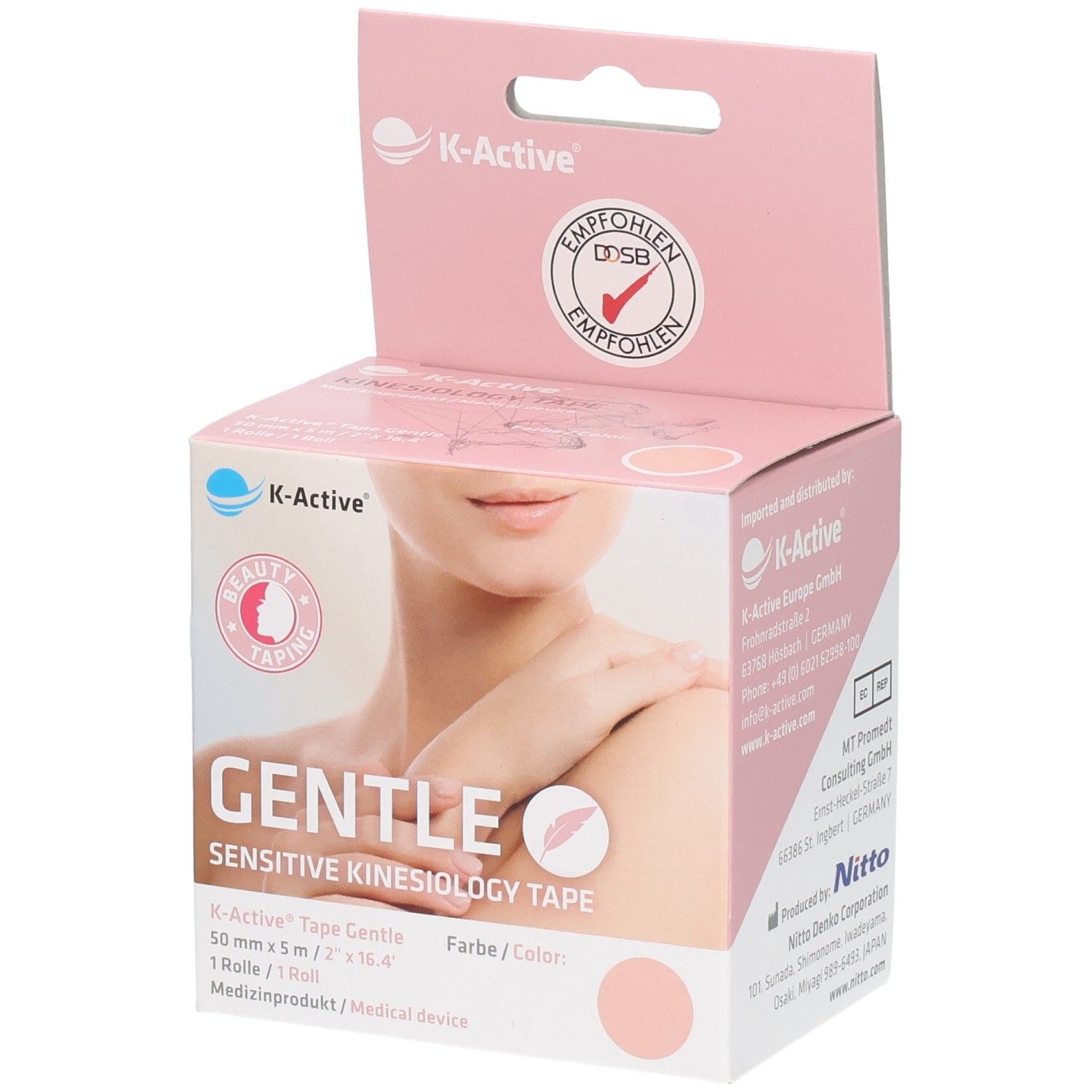 Rosa K-Active Tape Gentle Box. Aufdruck: Gentle Sensitive Kinesiologie Tape. Empfohlenes Produkt. Frau mit Schulter.