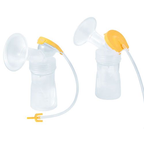 Doppel-Pumpset mit zwei Flaschen, Trichter, gelben Elementen und Schläuchen. Klare Kunststoffteile.