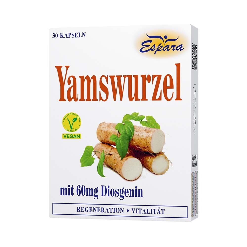 Verpackung mit Yamswurzel-Kapseln. Aufschrift: Yamswurzel, 30 Kapseln, mit 60mg Diosgenin. Vegan-Siegel. Espara-Logo.