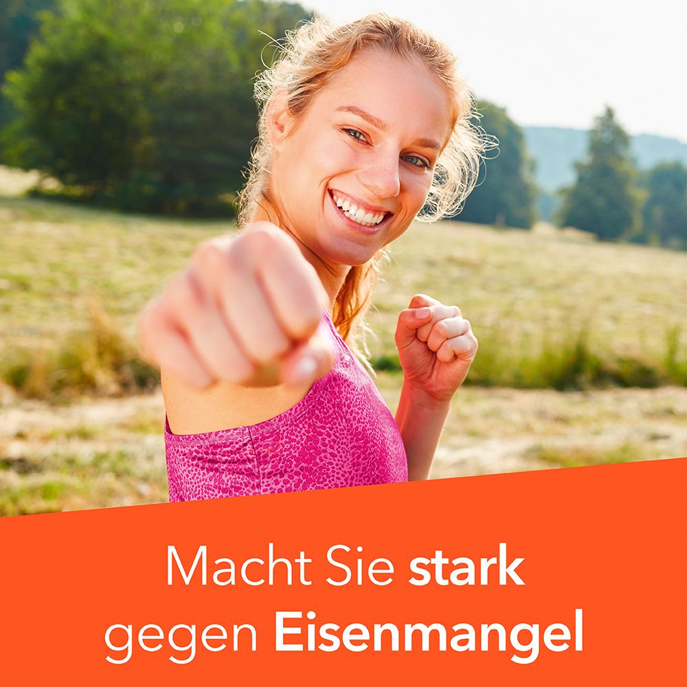 Frau mit Faust. Text: Macht Sie stark gegen Eisenmangel.