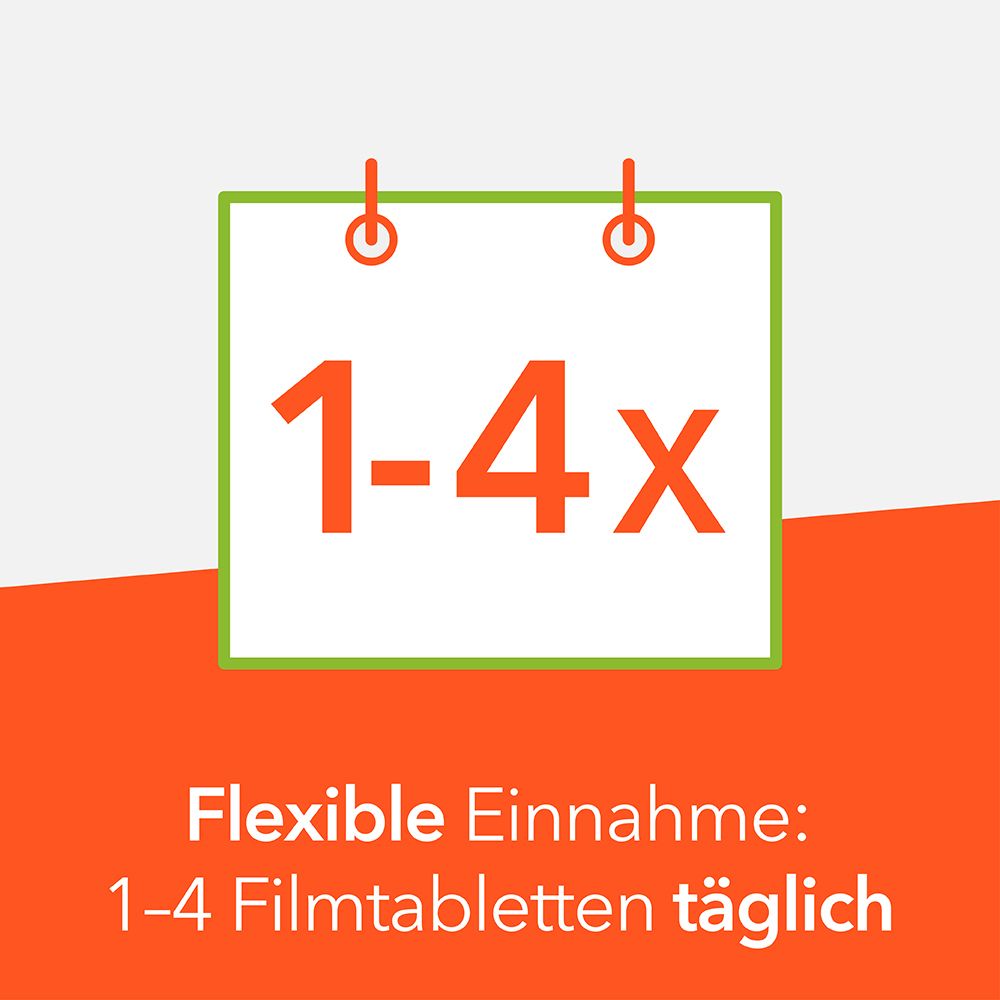 Kalenderblatt mit 1-4x. Text: Flexible Einnahme: 1-4 Filmtabletten täglich.