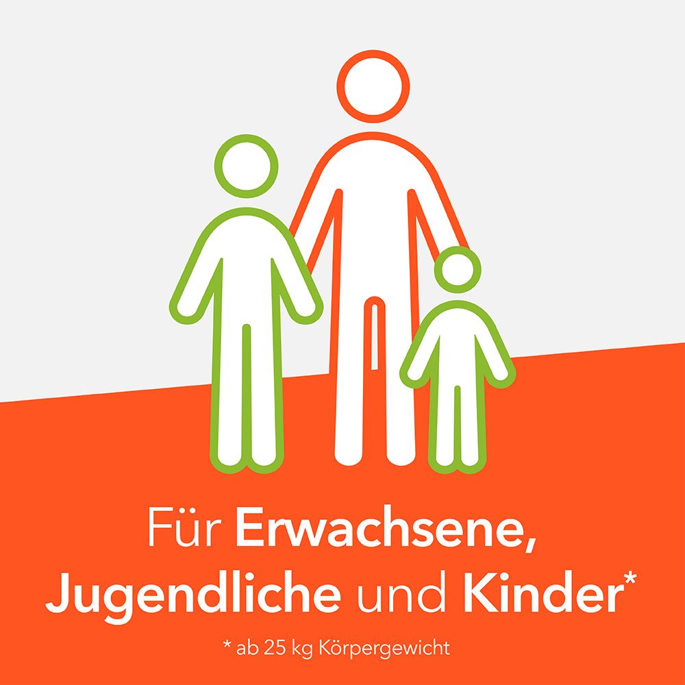 Strichmännchen-Familie. Text: Für Erwachsene, Jugendliche und Kinder* ab 25 kg Körpergewicht.