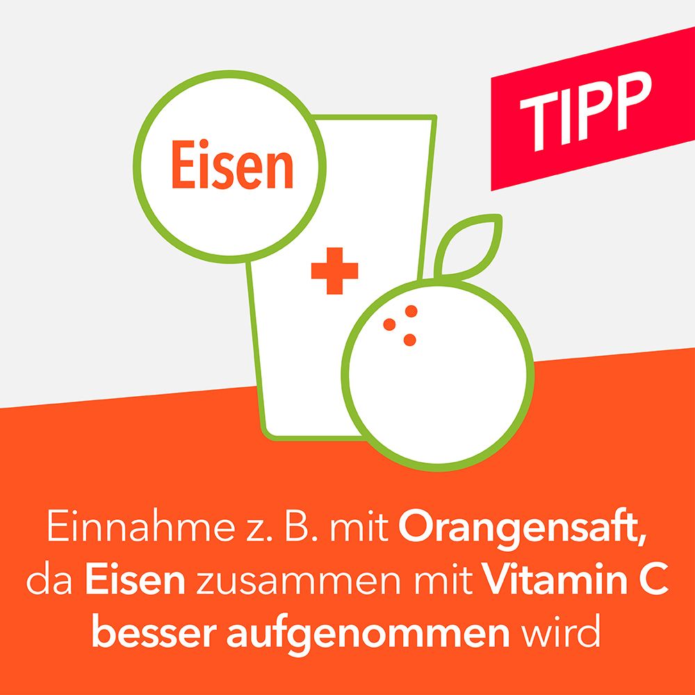 Glas mit Orange und Text: Einnahme z.B. mit Orangensaft, da Eisen zusammen mit Vitamin C besser aufgenommen wird.