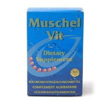 Blaue Schachtel mit "Muschel Vit"-Logo und "Dietary Supplement"-Text. Goldene Qualitätsmarke.