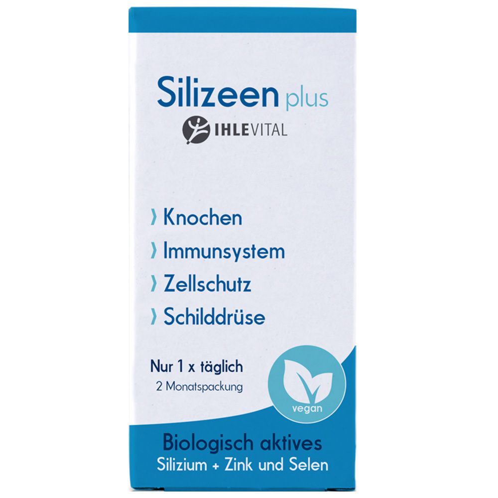 Verpackung von Silizeen plus. Oben blau, darunter weiß mit Produktnamen und Logo. Enthält Informationen zu Knochen, Immunsystem, Zellschutz und Schilddrüse. Vegan.