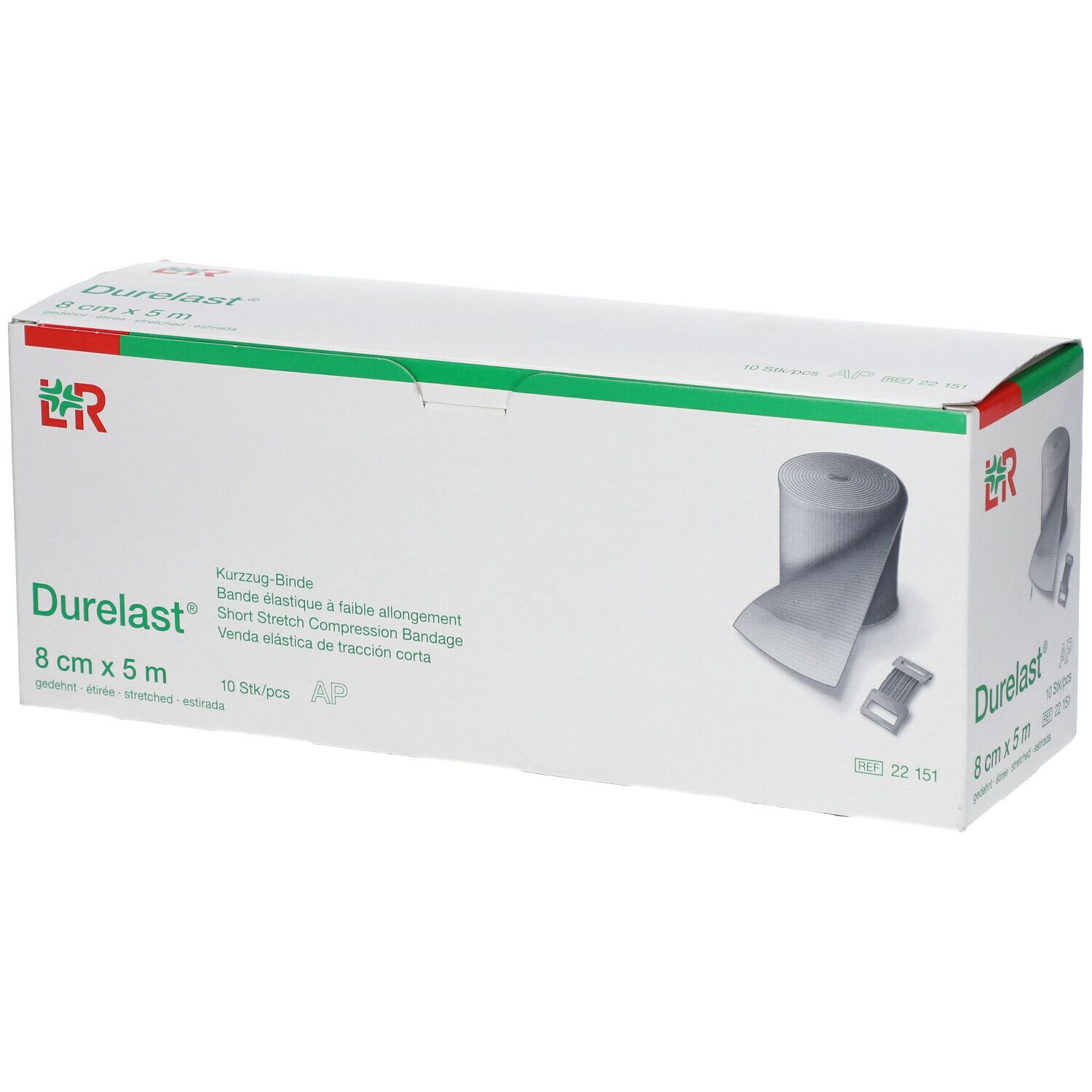Verpackung von Durelast® 8 cm x 5 m. Kurzzug-Binde. 10 Stück. Grün-weiße Schachtel mit Produktabbildung.