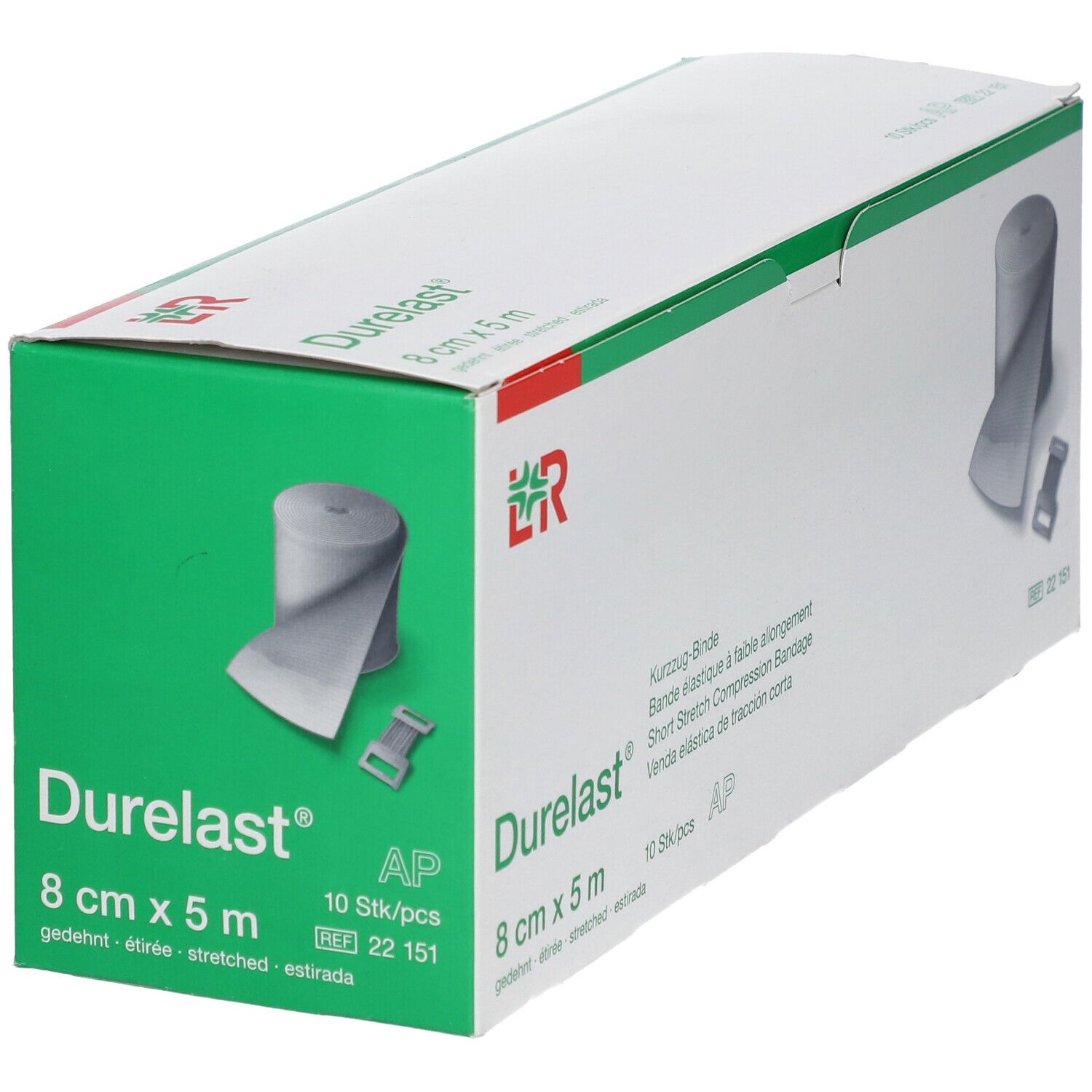 Durelast® 8 cm x 5 m Verpackung. Kurzzug-Binde. 10 Stück. Grün-weiße Schachtel mit Produktabbildung.