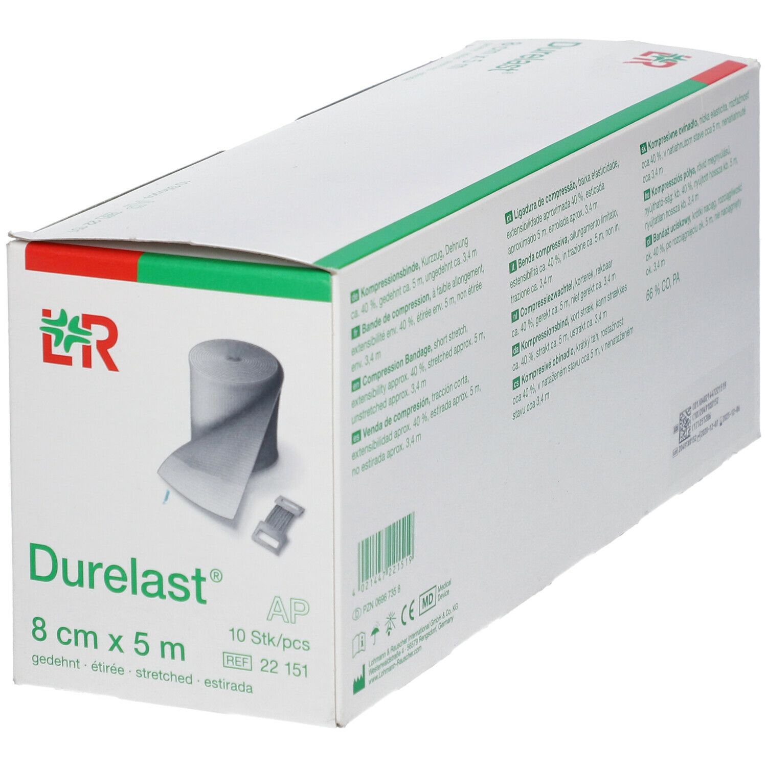 Durelast® 8 cm x 5 m Verpackung. Kurzzug-Binde. 10 Stück. Grün-weiße Schachtel mit Produktabbildung.