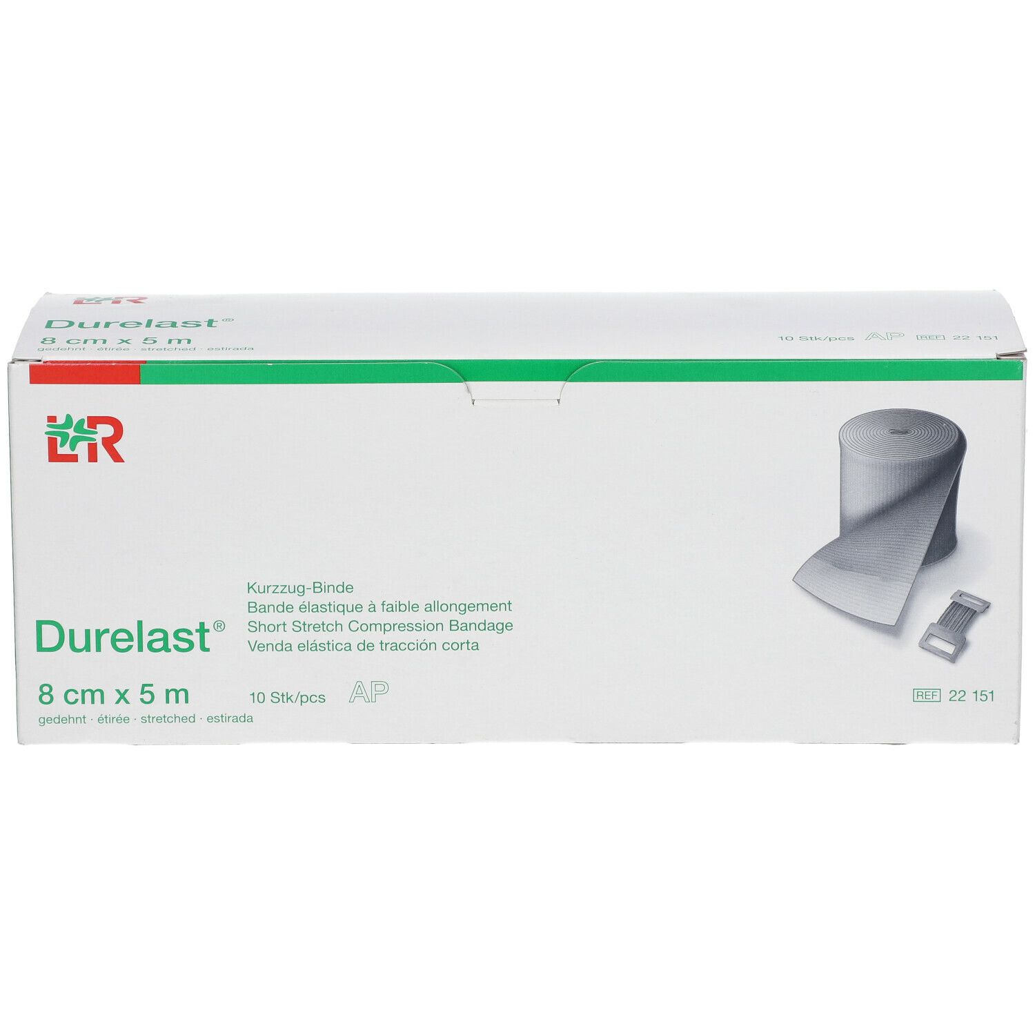 Durelast® 8 cm x 5 m Verpackung. Kurzzug-Binde. 10 Stück. Grün-weiße Schachtel mit Produktabbildung.