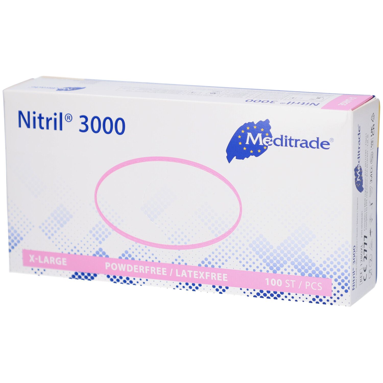 Verpackung von Nitril® 3000 Handschuhen. Marke Meditrade. X-Large, puderfrei/latexfrei, 100 Stück.