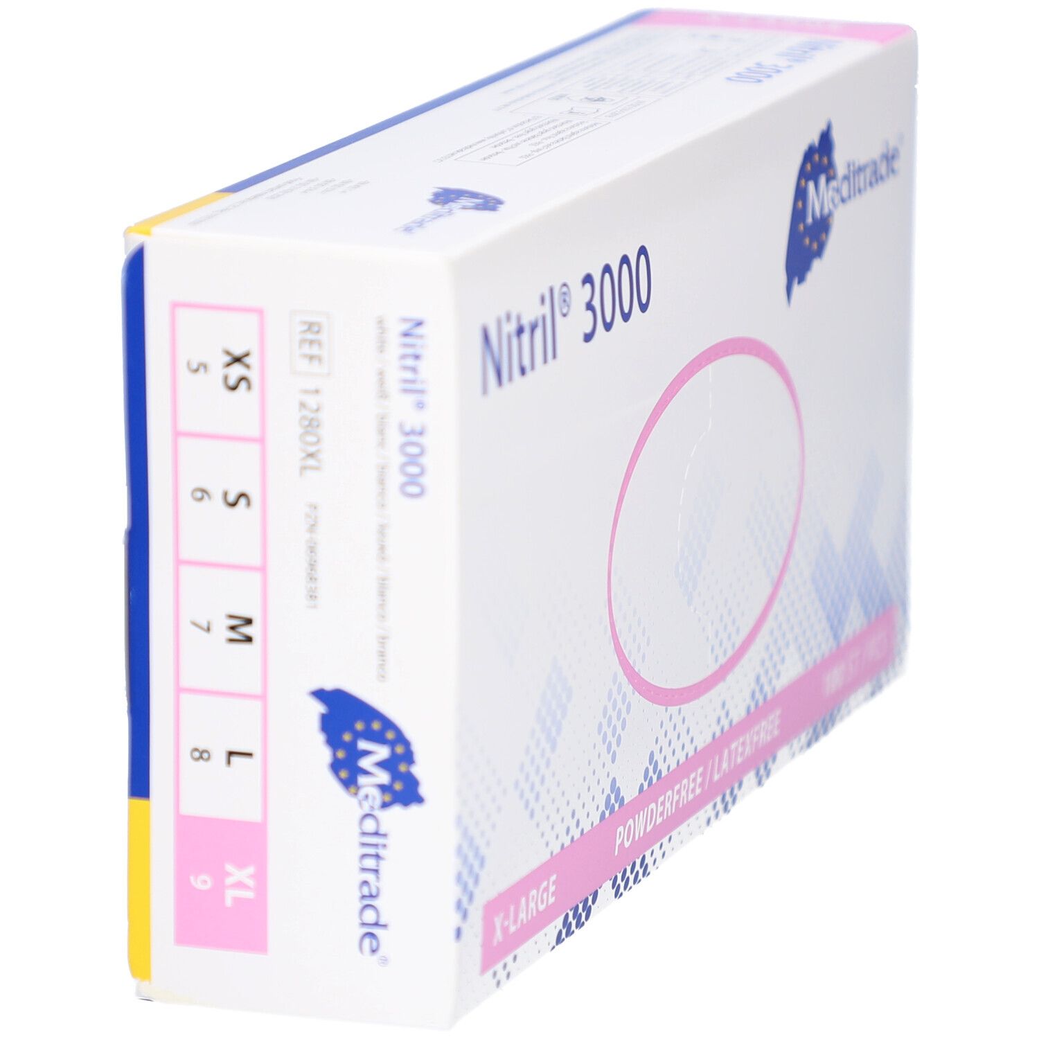 Verpackung von Nitril® 3000 Handschuhen. Marke Meditrade. Größen: XS, S, M, L, XL.