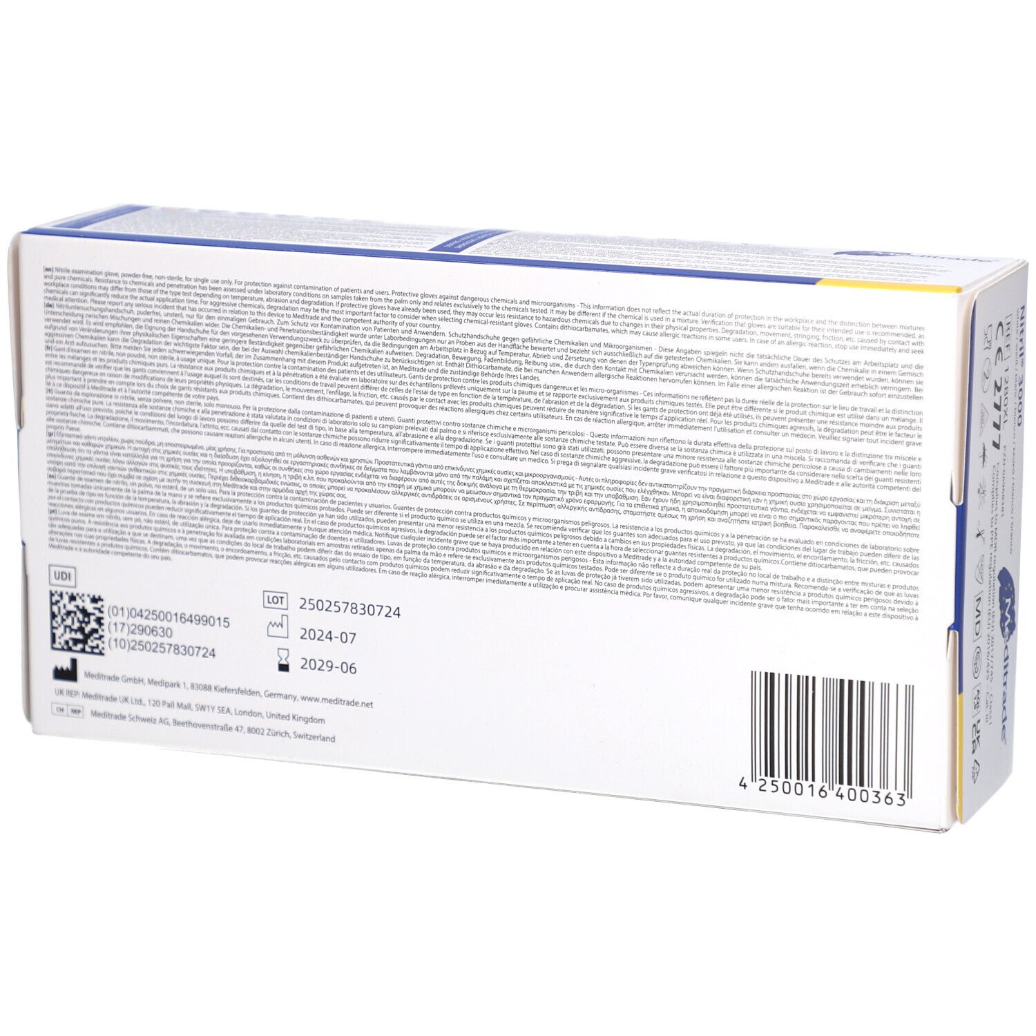 Rückseite der Verpackung von Nitril® 3000 Handschuhen. Informationen und Barcode.