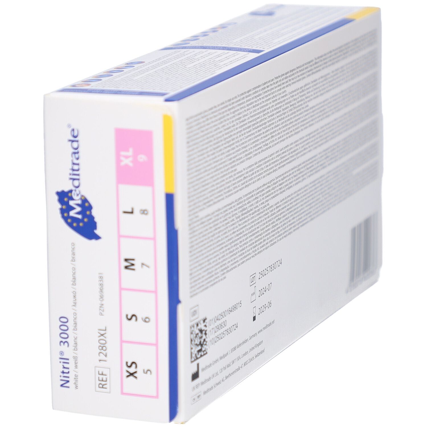 Verpackung von Nitril® 3000 Handschuhen. Marke Meditrade. Größen: XS, S, M, L, XL.