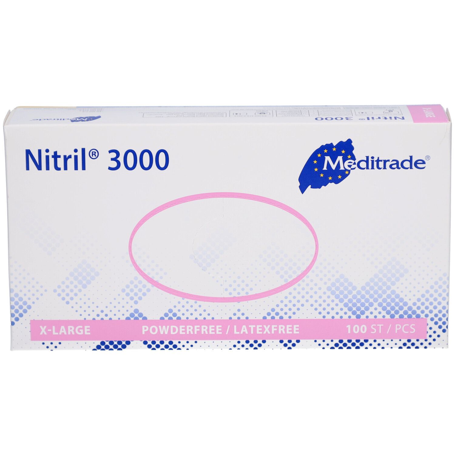 Verpackung von Nitril® 3000 Handschuhen. Marke Meditrade. X-Large, puderfrei/latexfrei, 100 Stück.
