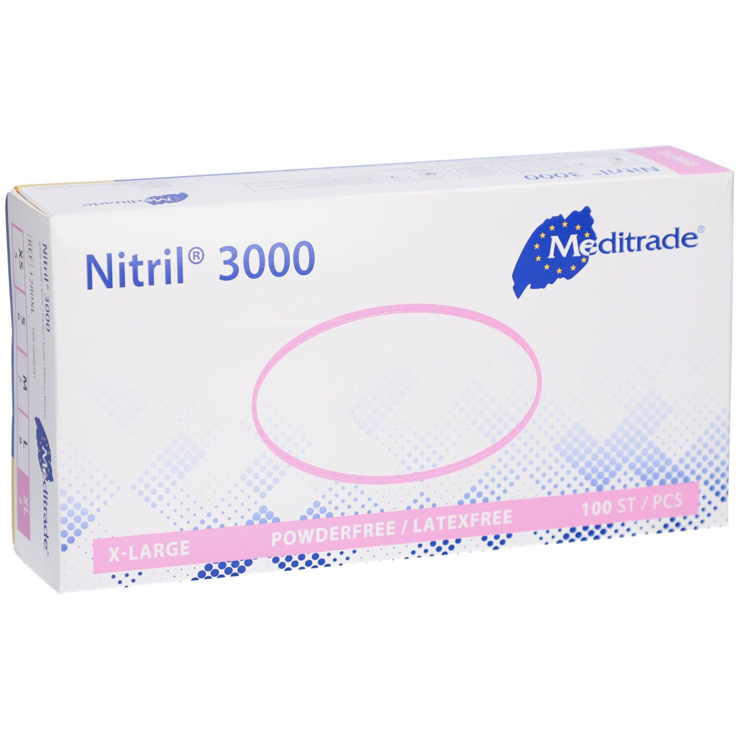 Verpackung von Nitril® 3000 Handschuhen. Marke Meditrade. X-Large, puderfrei/latexfrei, 100 Stück.