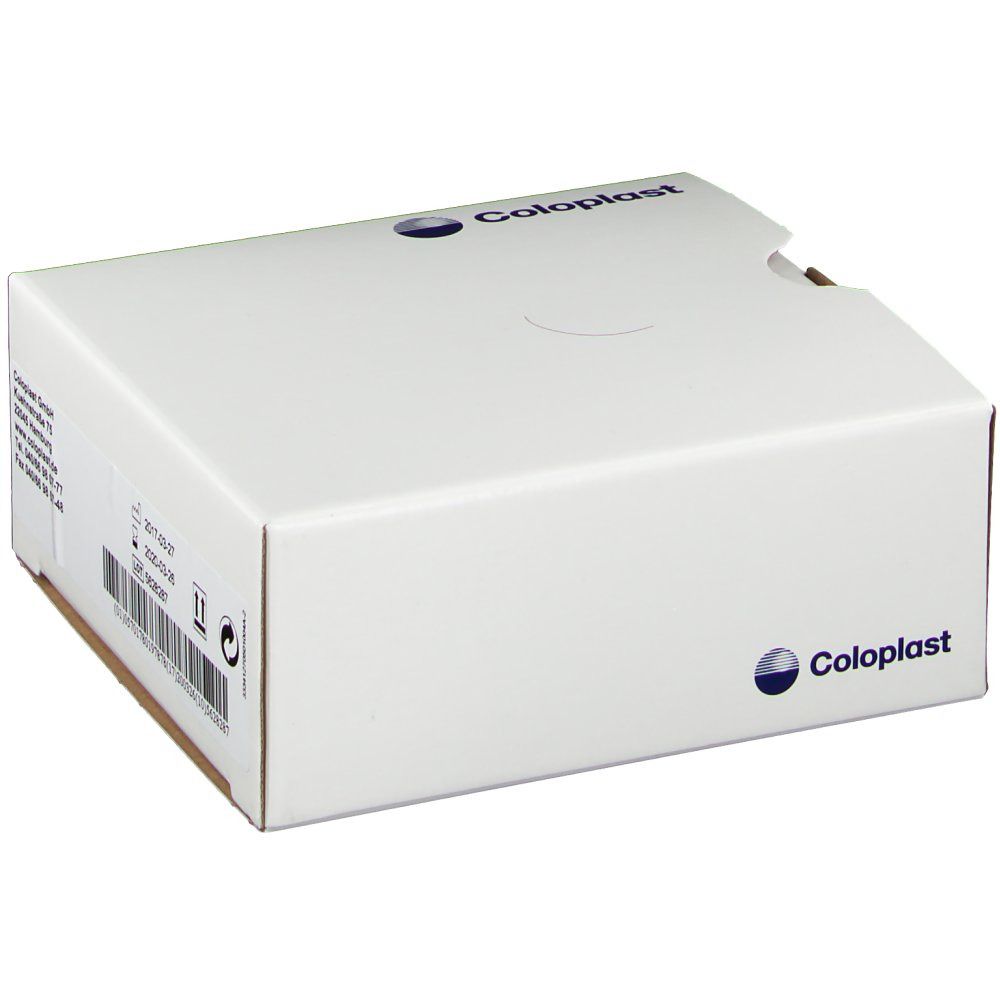 Weiße Produktverpackung mit Coloplast Logo. Aufschrift: Adresse, Chargennummer, Verfallsdatum. Recycling-Symbol.