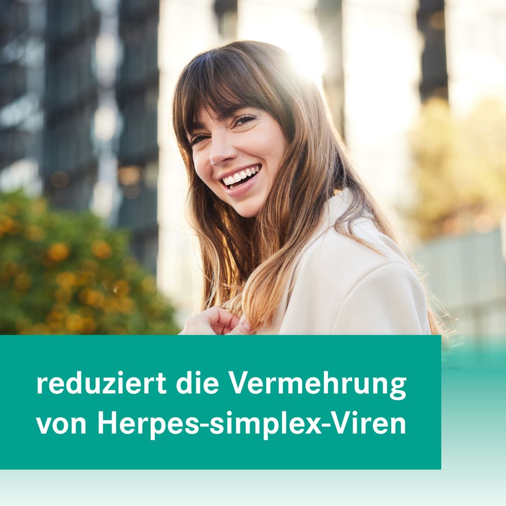 Text auf grünem Hintergrund: reduziert die Vermehrung von Herpes-simplex-Viren.