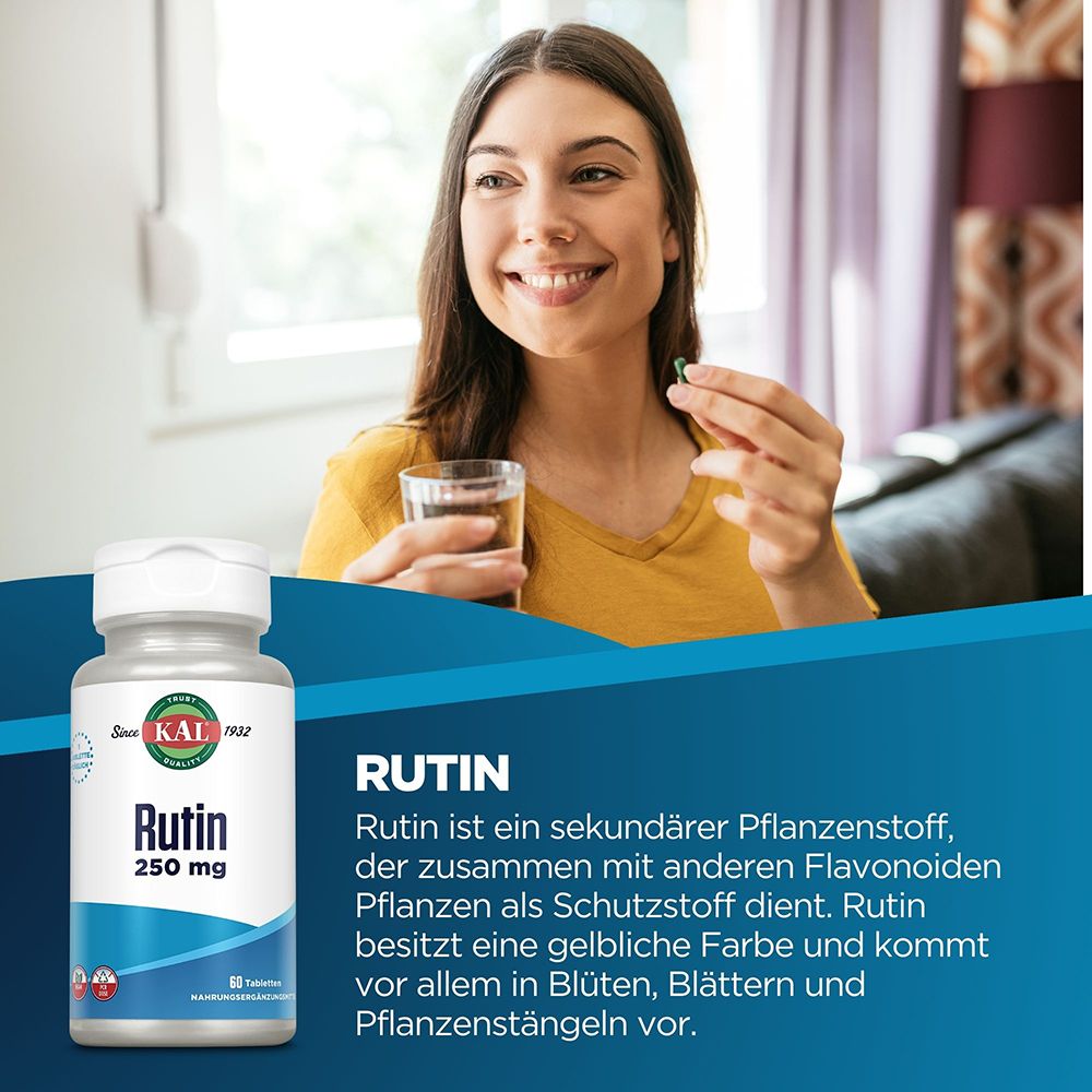 Frau nimmt eine KAL Rutin 250 mg Tablette ein.