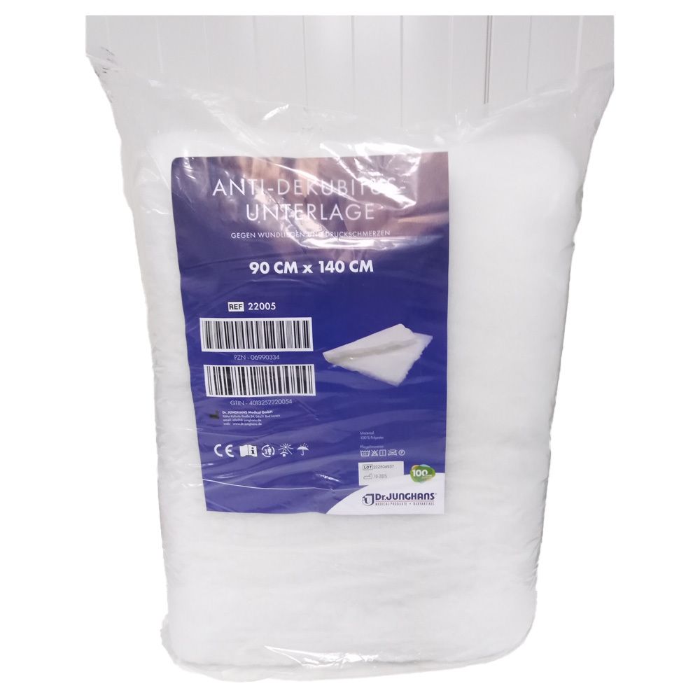Anti-Dekubitus Unterlage in Plastikverpackung. Maße: 90 x 140 cm. Mit Etikett, Barcode und Logo.