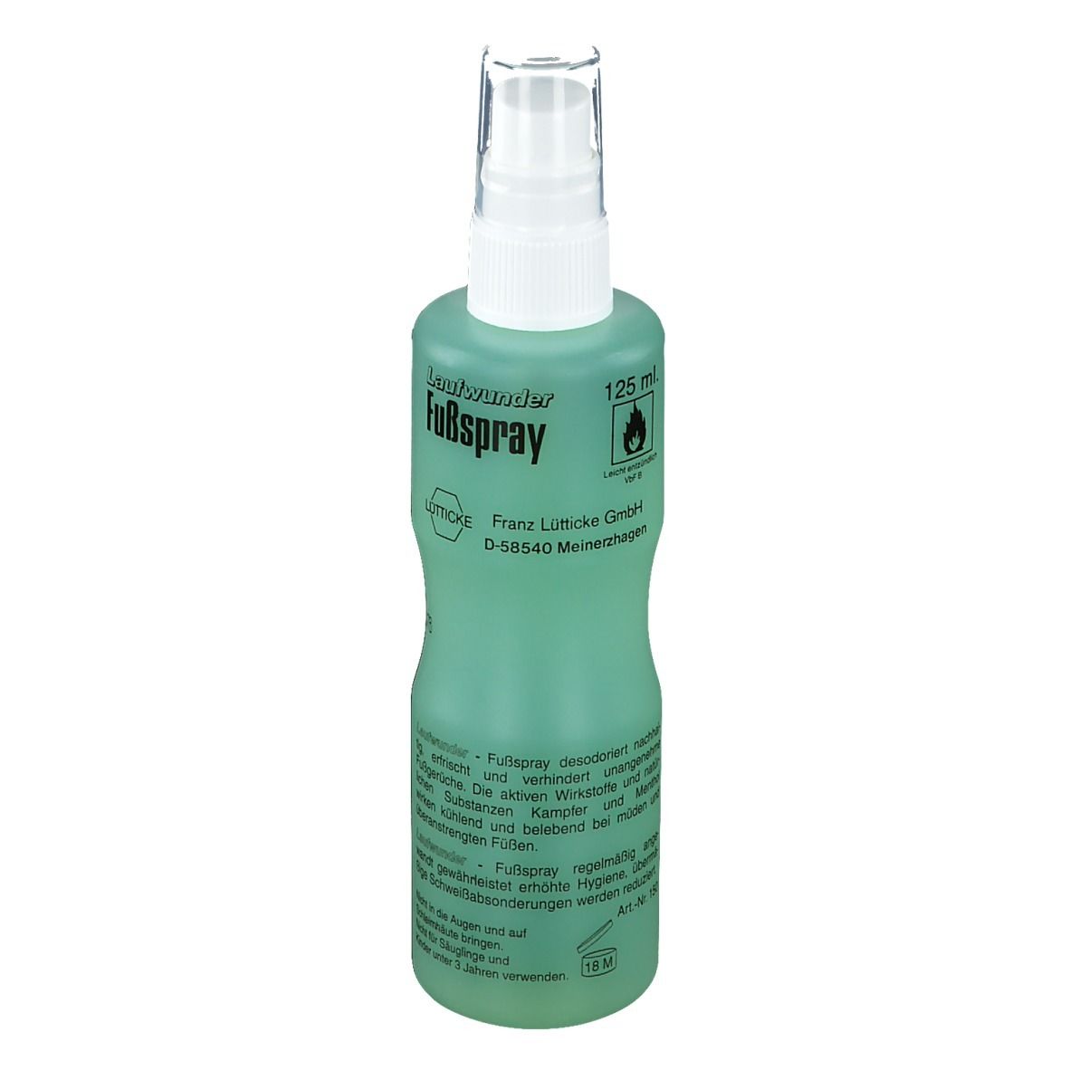 Grüne Sprühflasche mit weißem Sprühkopf. Aufschrift: Fußspray, 125 ml. Auf der Flasche sind weitere Informationen abgebildet.