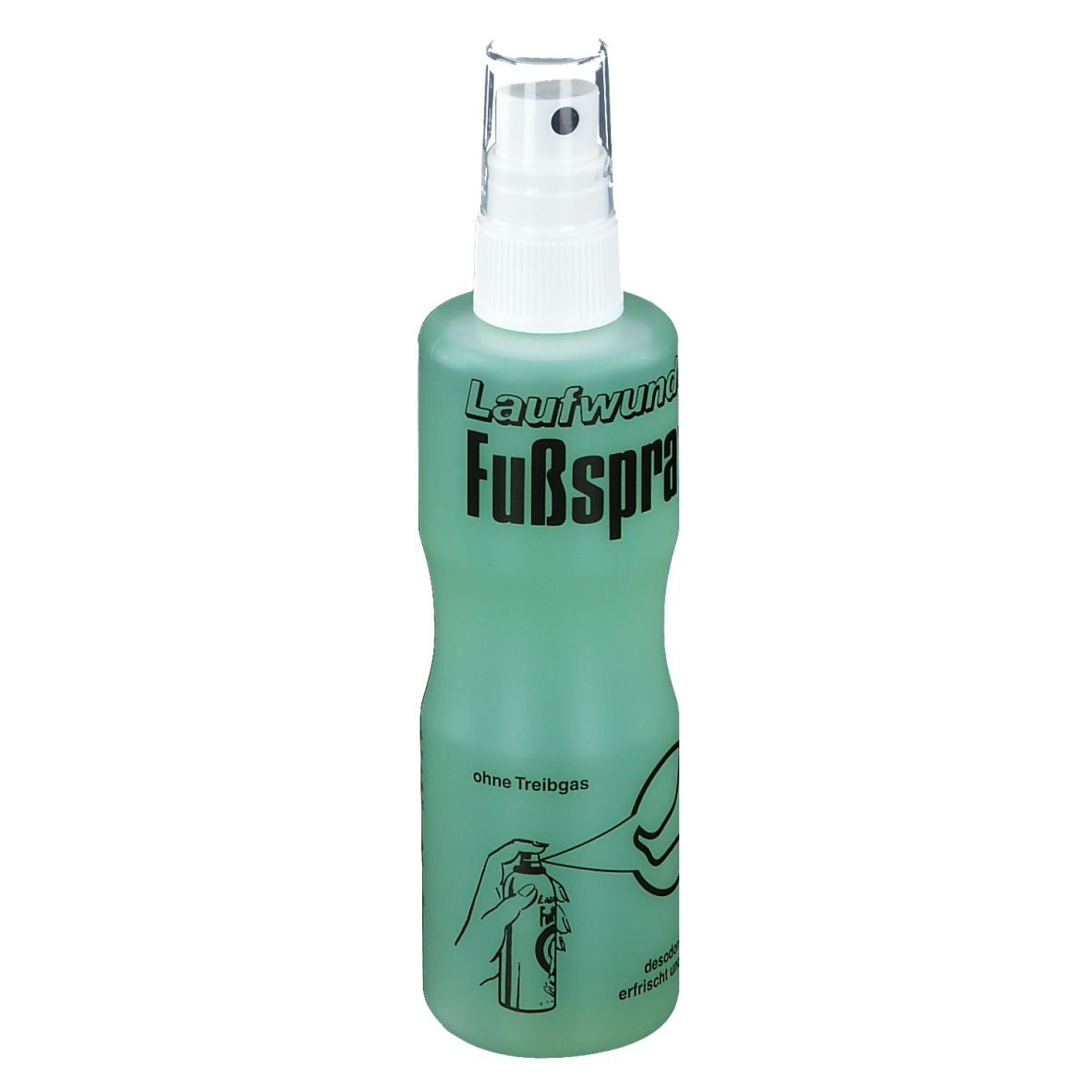 Grüne Sprühflasche mit weißem Sprühkopf. Aufschrift: Fußspray. Auf der Flasche ist eine Illustration abgebildet.